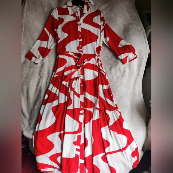 Zara zw Collection Printed midi dress red ecru BNWT - Picture 2 of 10